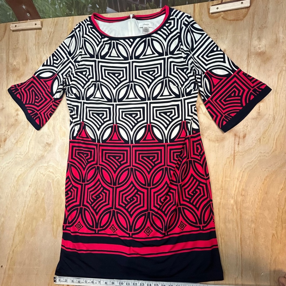 CJ Banks Womens 16W Geometric Bell Sleeve Lined Shift Dress Navy Red White